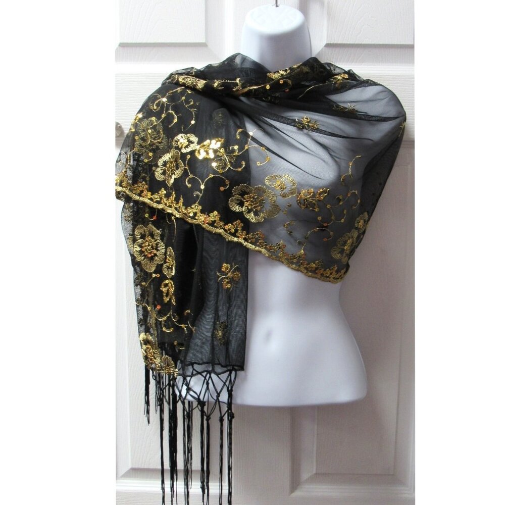 Black & Gold Sequin Shawl Wrap Sparkle Fringe Scarf Wedding Bridal Dressy Prom